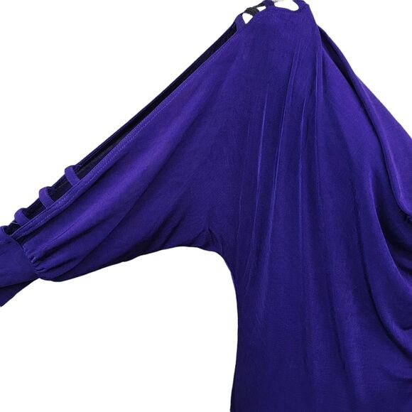 VTG 80s Purple Cowl Neck Dress Womens Sz S M Batwing Slit Sleeve Midi Drop Waist - Picture 3 of 7